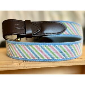 Vineyard Vines Kentucky Derby Pastel Multicolor Stripe Fabric Leather Belt SZ 38
